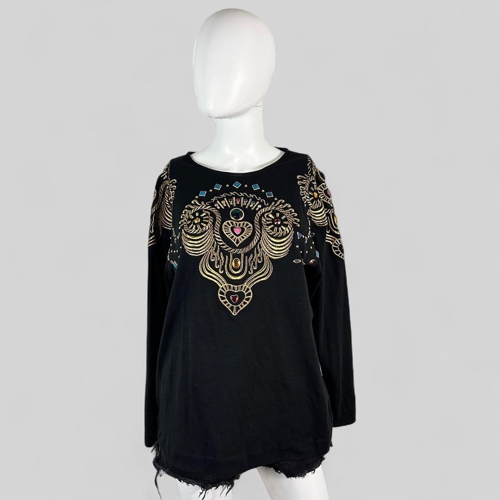 Vintage 1980s LOULOU USAโ Embellished Jewel Embroidered Black Long Sleeve Top S